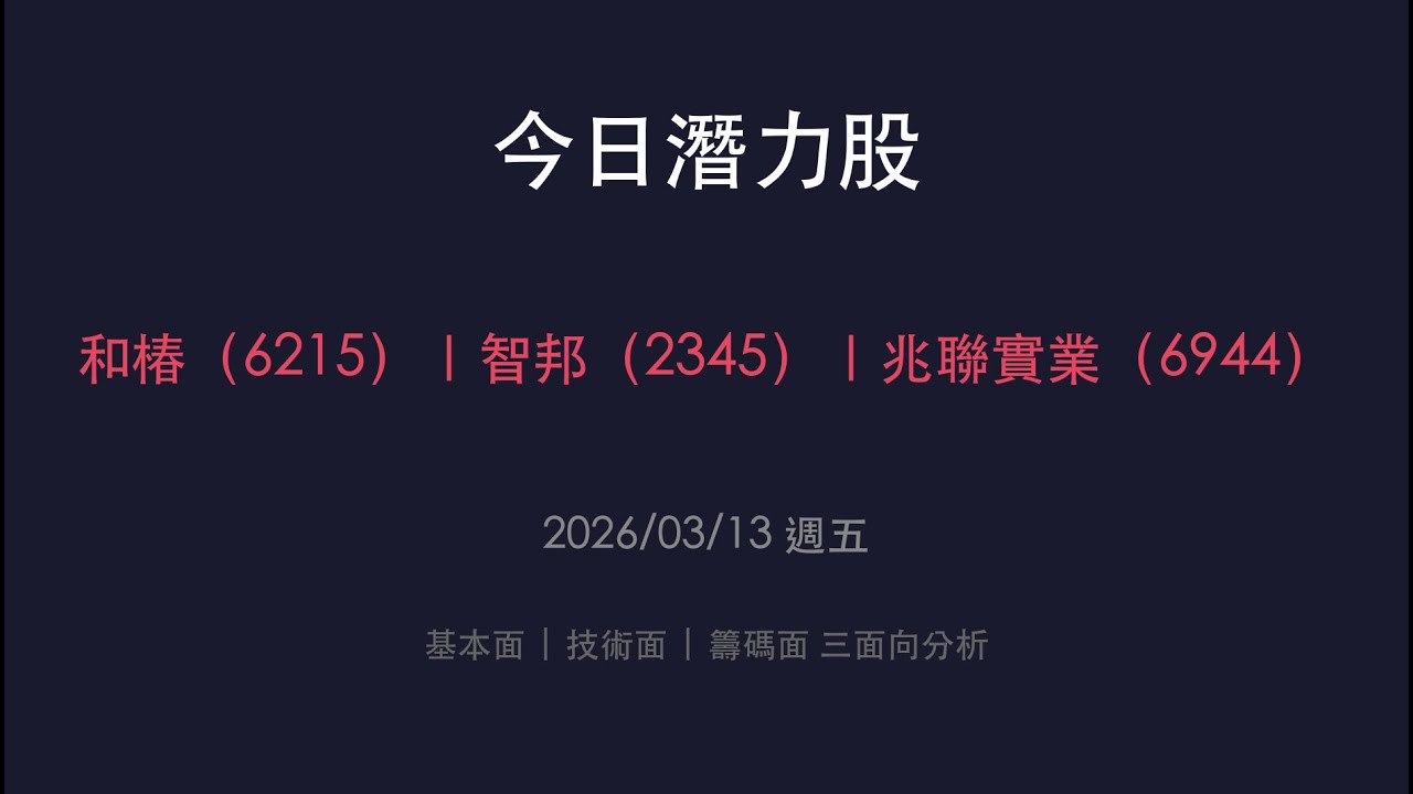 今日潛力股 2026/03/13 和椿(6215) 智邦(2345) 兆聯實業(6944)