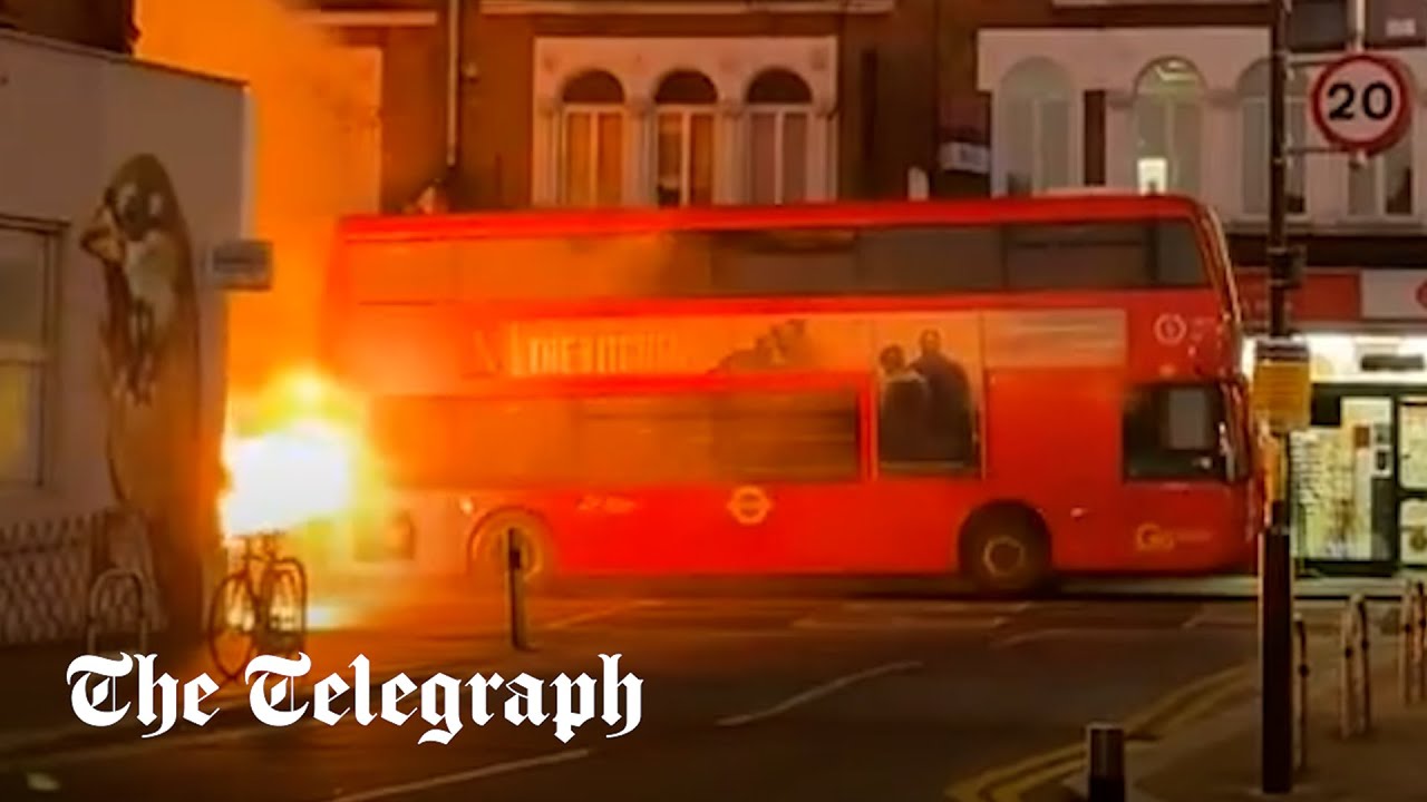 Double decker bus goes up in flames in Wimbledon