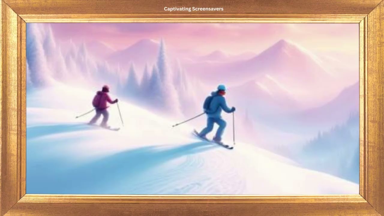 Winter Skiing Painting | Gold Framed Art | Calm Atmospheric Screensaver