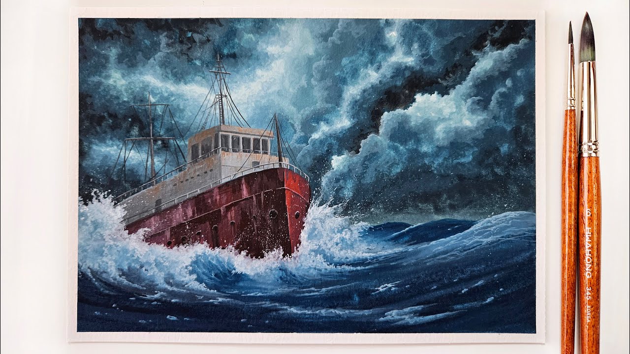 Stormy Ocean Painting with Gouache  ｜ Ship in the Stormy Sea