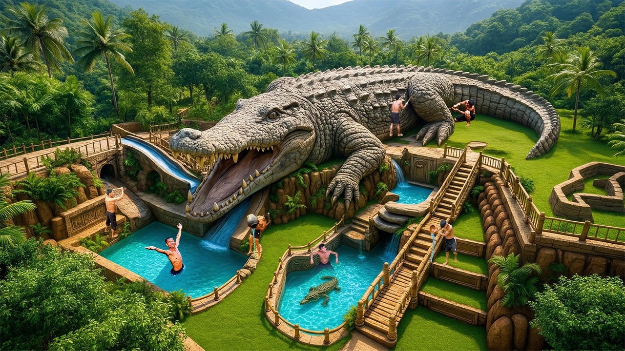 Construyendo un parque acuático de cocodrilos gigantes en un remoto valle tropical montañoso
