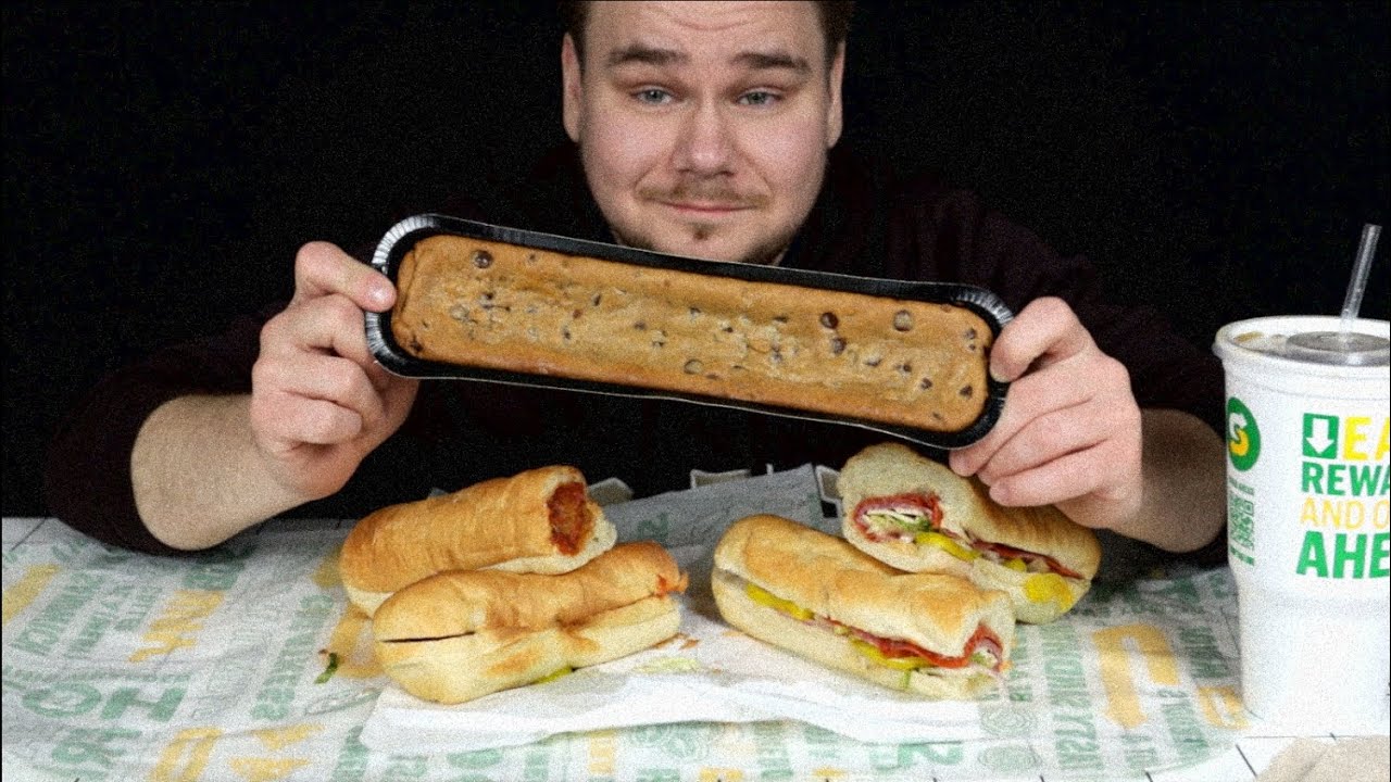 ASMR Mukbang Subway's New Footlong Cookie with Meatball Marinara and Spicy Italian Subs