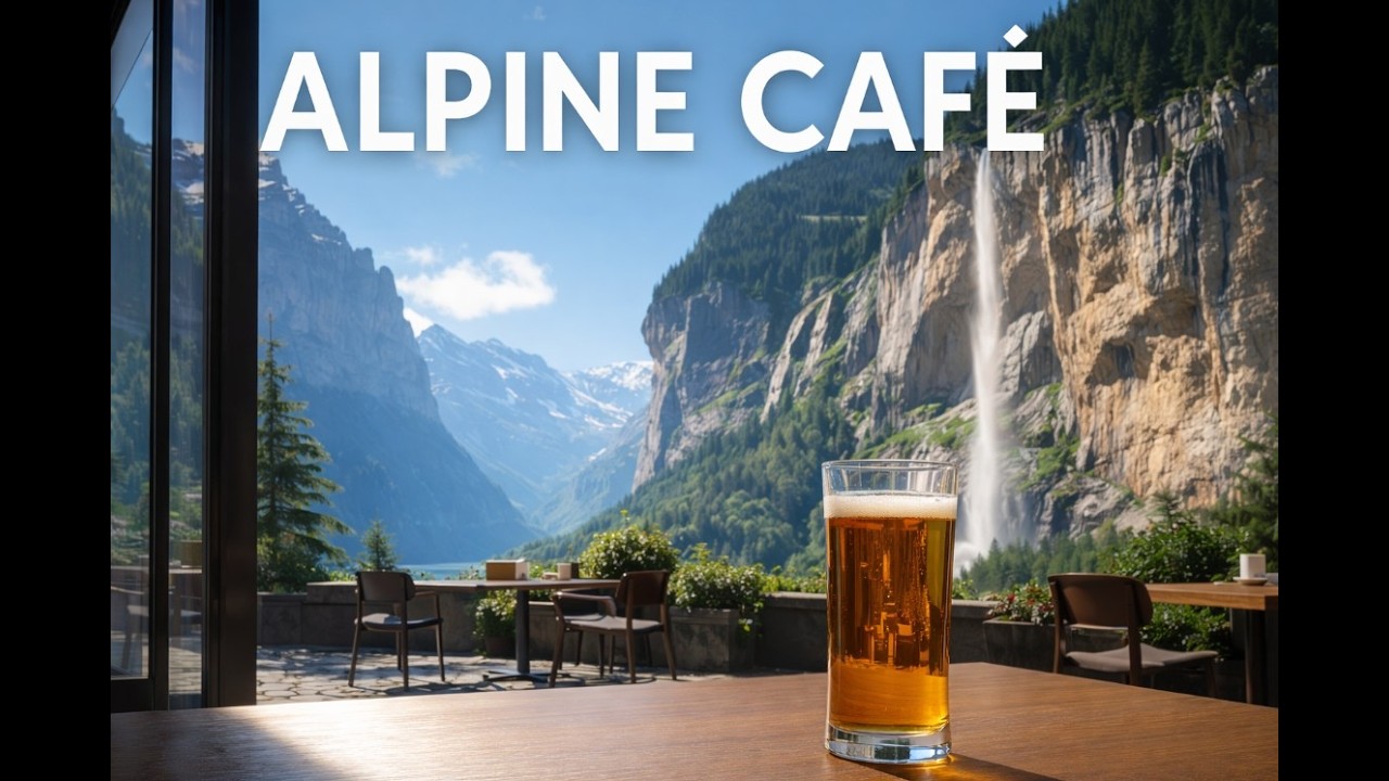 Sunlit Alpine Café ☕ Cafe Ambience with Waterfall View | Study, Work & Relax (2 Hours)