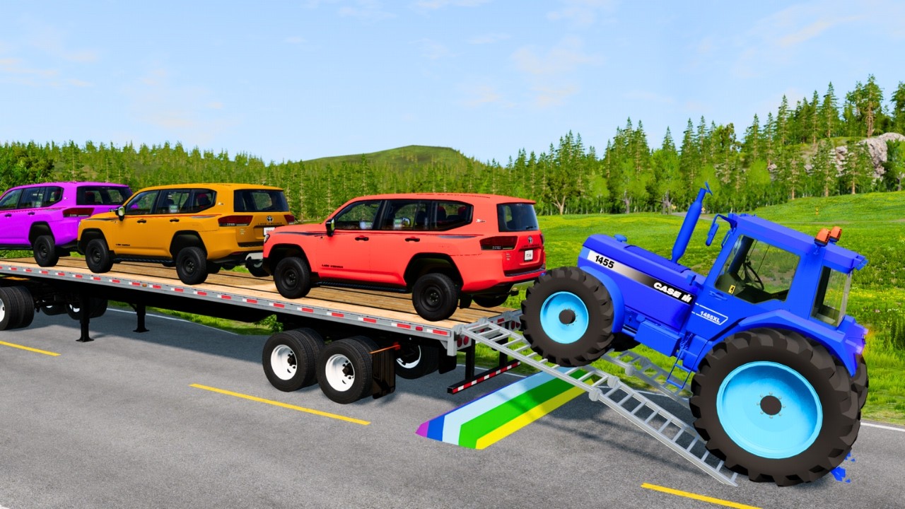 Double Flatbed Trailer Truck vs Speedbumps Train vs Cars | Tractor vs Train Beamng.Drive #11