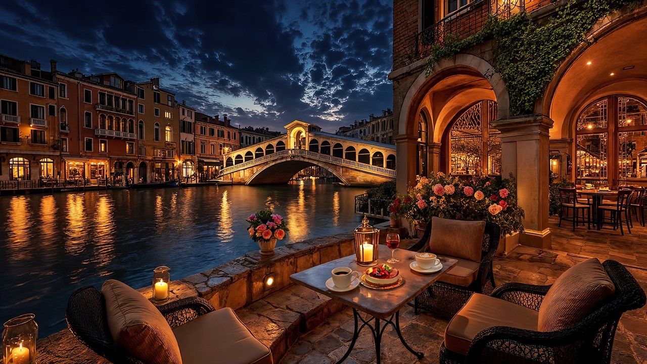 Romantic Venice Night Jazz ☕ Rialto Bridge Canal Café Ambience & Relaxing Jazz Music for Focus, Work