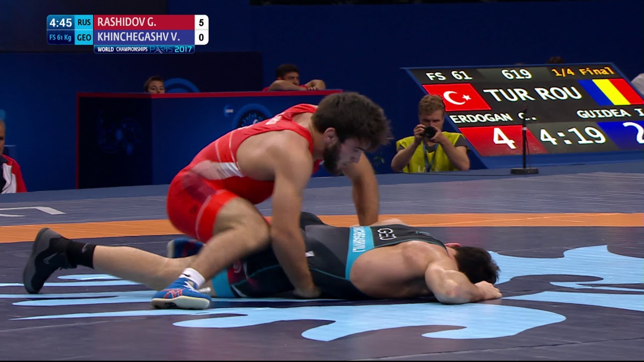 1/4 FS - 61 kg: G. RASHIDOV (RUS) df. V. KHINCHEGASHV (GEO) by VPO1, 6-3