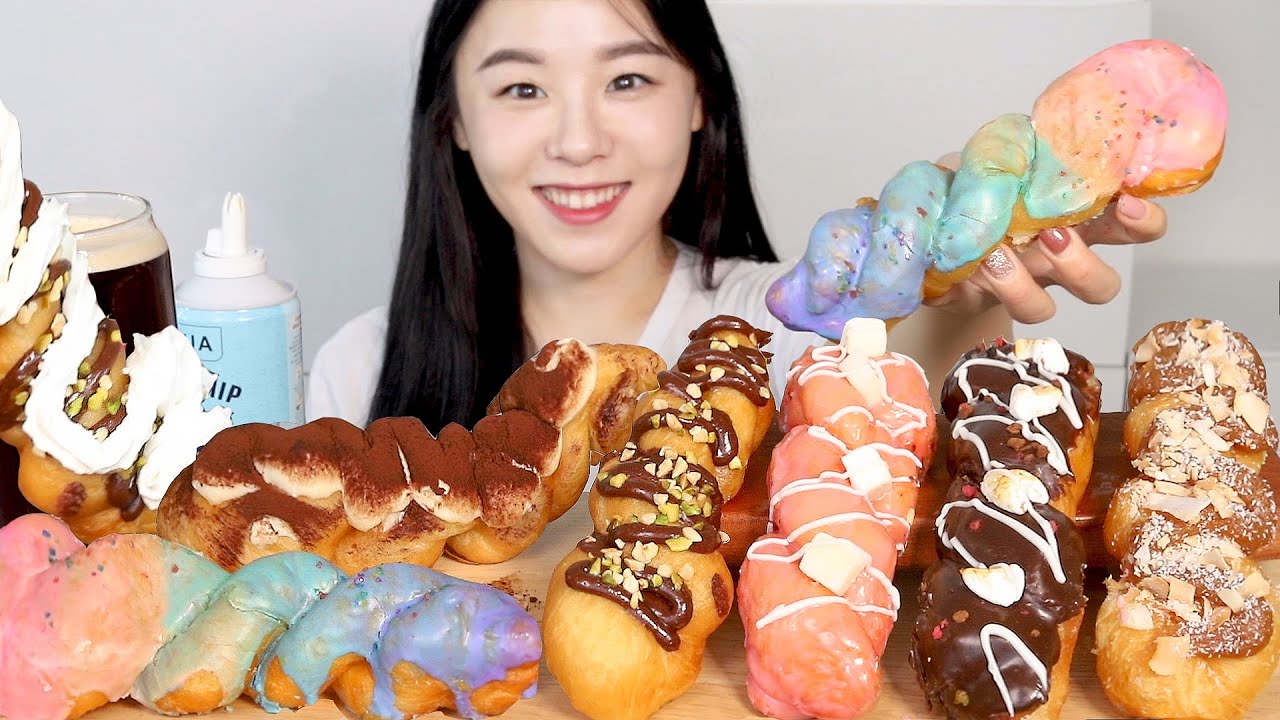 SUB) ASMR Скрученный Кремовый пончик Мукбанг 🍩 Клейкий пончик с рисом 🍩 Кремовый хлеб Десерт