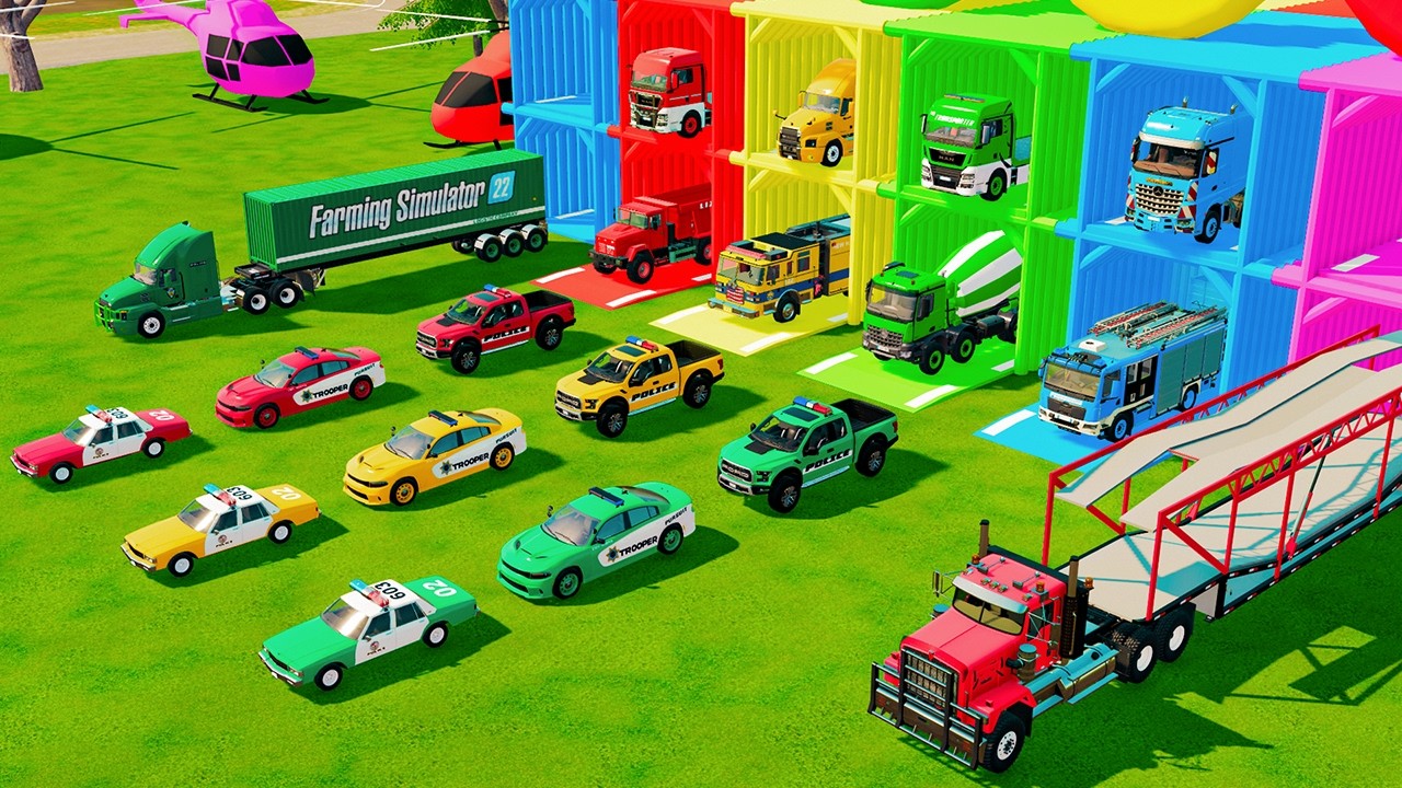 TRANSPORTING ALL POLICE CARS, FIRE ENGINE, DUMP TRUCK & GARBAGE TRUCK TO GARAGE - FS22