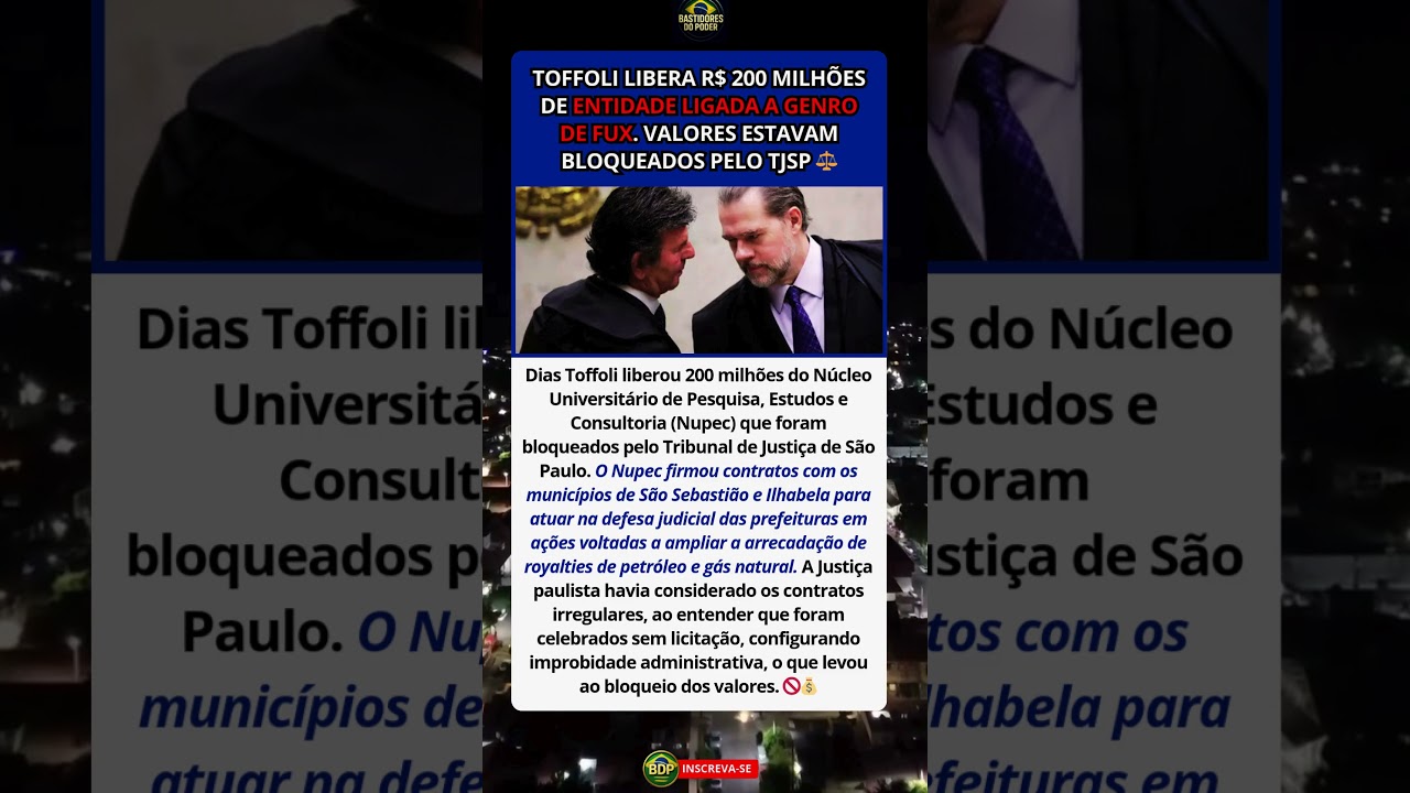 Toffoli libera R$ 200 milhões de entidade ligada a genro de Luiz Fux ⚖️