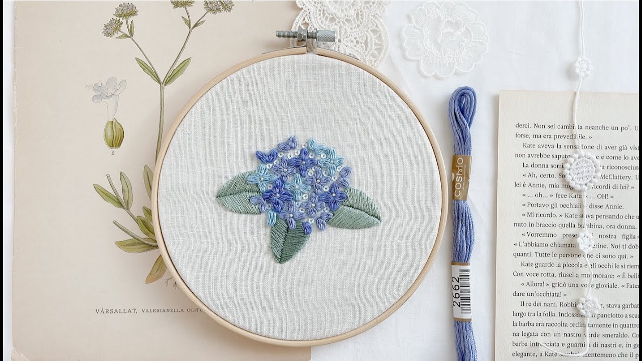 (SUB)【無料図案】アジサイ刺繍/Lazy daisy popcorn stitch/Hydrangea/embroidery