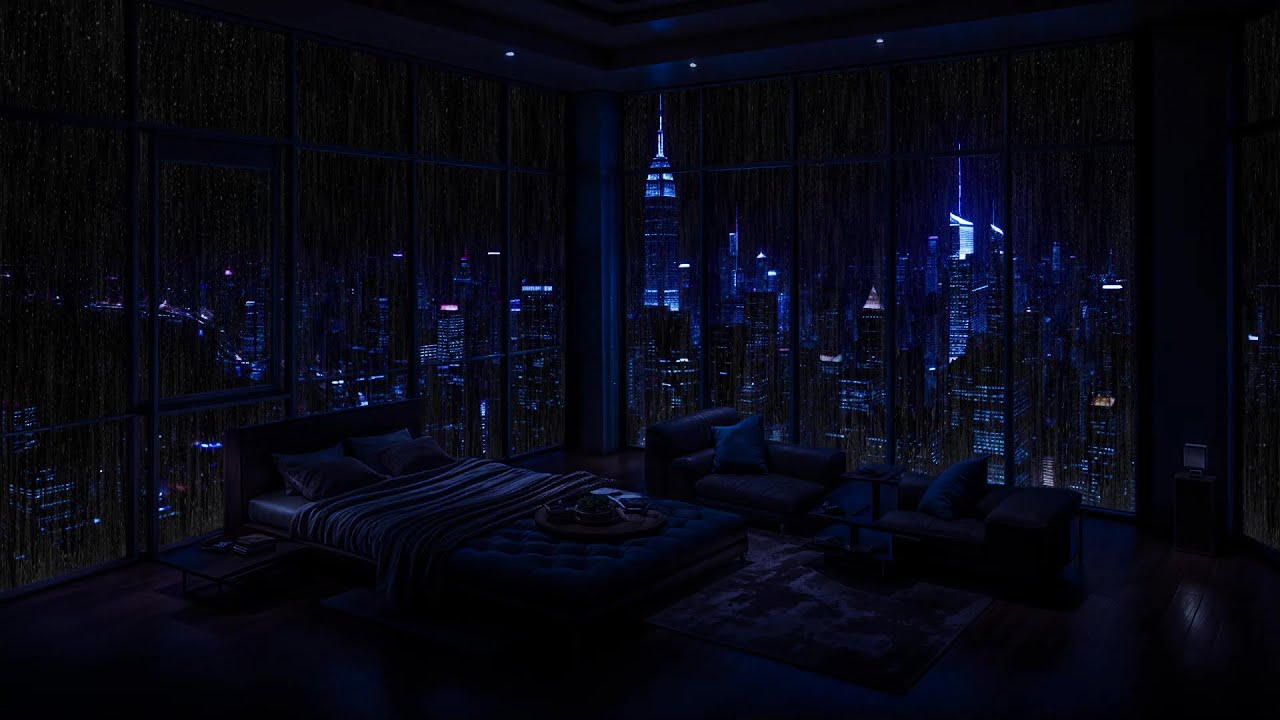 Rainy Night in a Luxury NYC Apartment (No Ads) 🌧️ City Lights & Rain Ambience for Deep Sleep