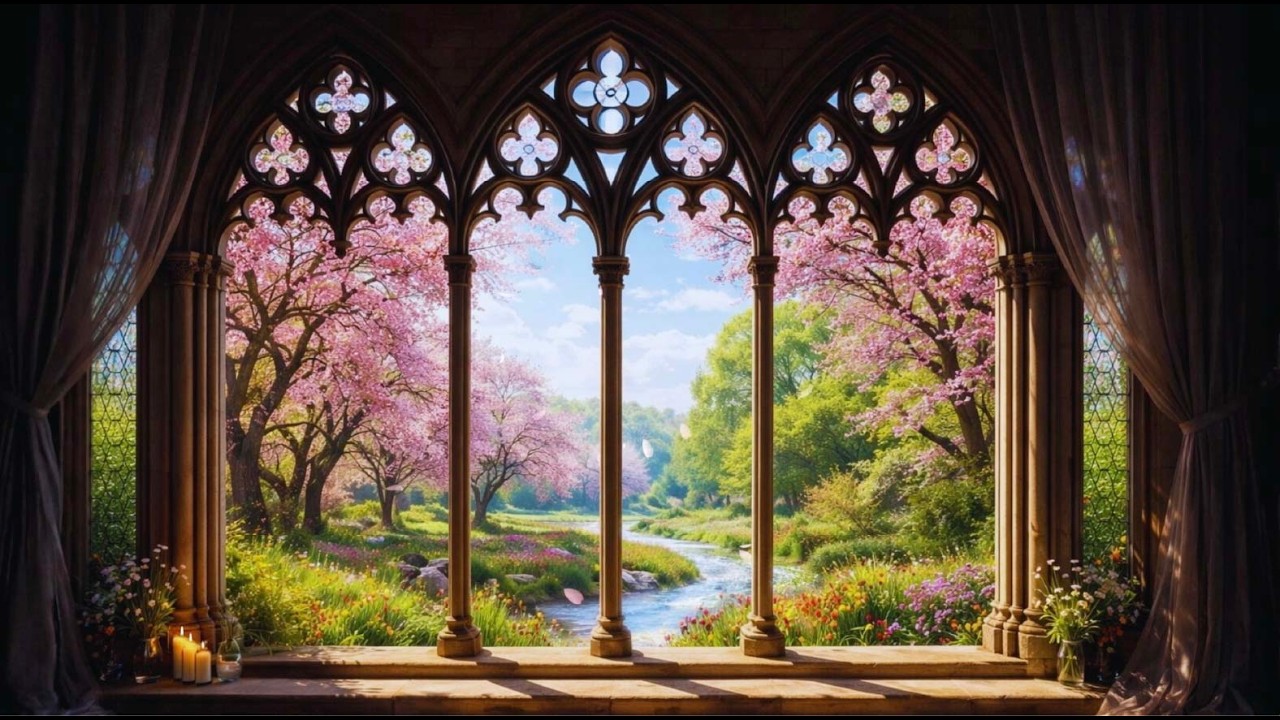 Spring Window Ambience 🌸 Peaceful River & Blossom Garden View | Music for Study & Relaxation