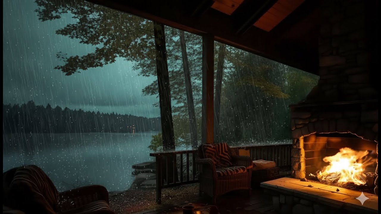 Cozy Fireplace & Rain Ambience – Distant Thunder for Sleep