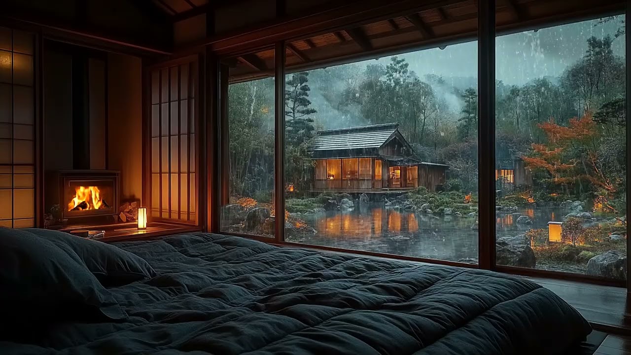 Heavy Night Rain in Lakeside Ryokan Bedroom 🌧️ Rain on Pond & Pavilion for Deep Sleep, Study, Focus