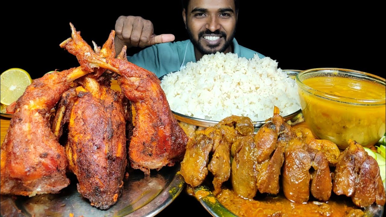 Eating Spicy Chicken Liver Gizzard Curry with Rice | Tandoori Chicken, Chana Dal & Salad Mukbang