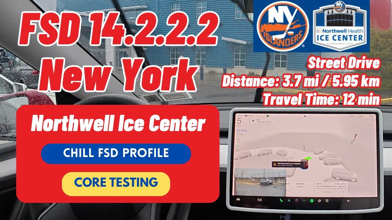 Tesla FSD v14.2.2.2 CHILL Profile in Rain: 3.7-mi NY Islanders Practice Facility – 2 Interventions!