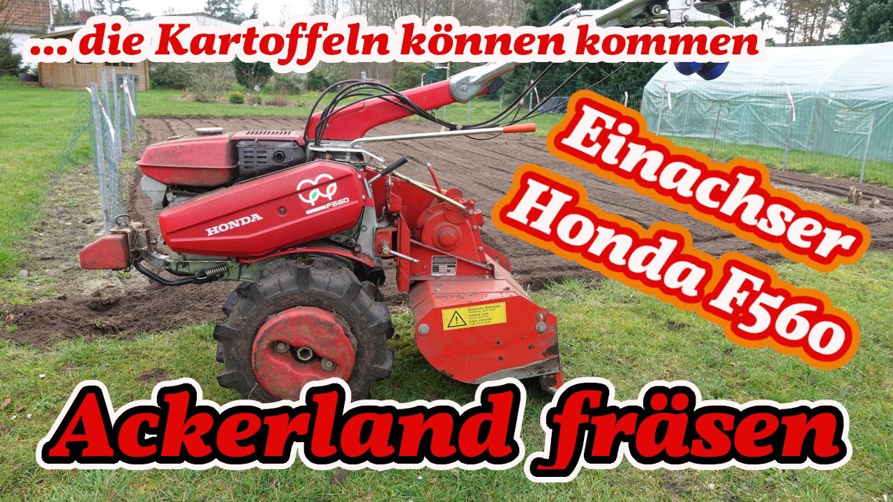 Ackerland fräsen - Einachser Honda F560 mit Bodenfräse - Vorbereitung für Kartoffeln. Kleintraktor