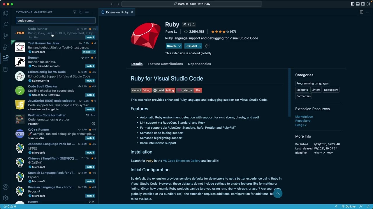 Learn to Code with Ruby V2 - 01 - Introduction & Installation - 14 - Install VSCode Extensions