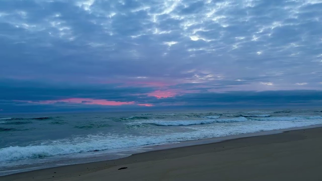 Pink & purple winter sunrise, calming wave sounds, Cape Cod National Seashore