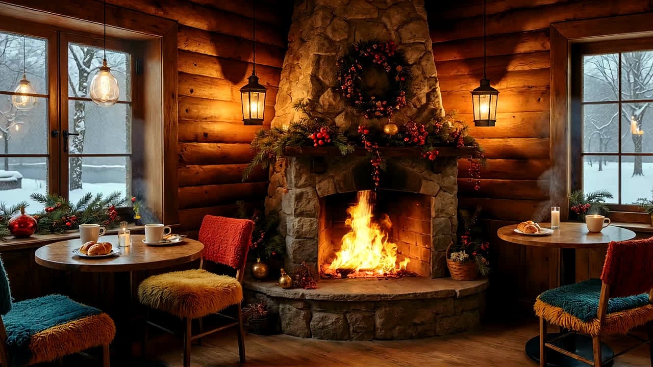 Warm Winter Café Fireplace Ambience – Cozy Cabin Coffee Shop Sounds & Gentle Crackling Fire 03