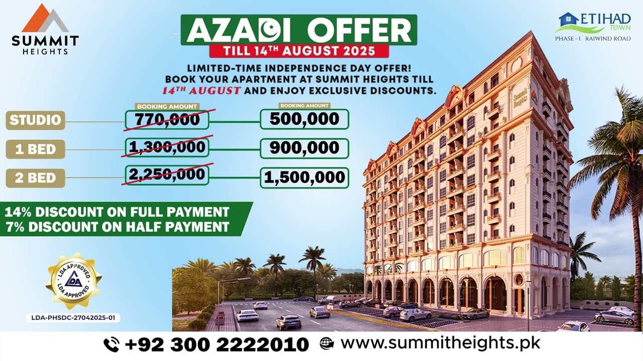 Azadi Offer 2025 | One-Time Investment in Summit Heights, Etihad Town Lahore | Limited Inventory