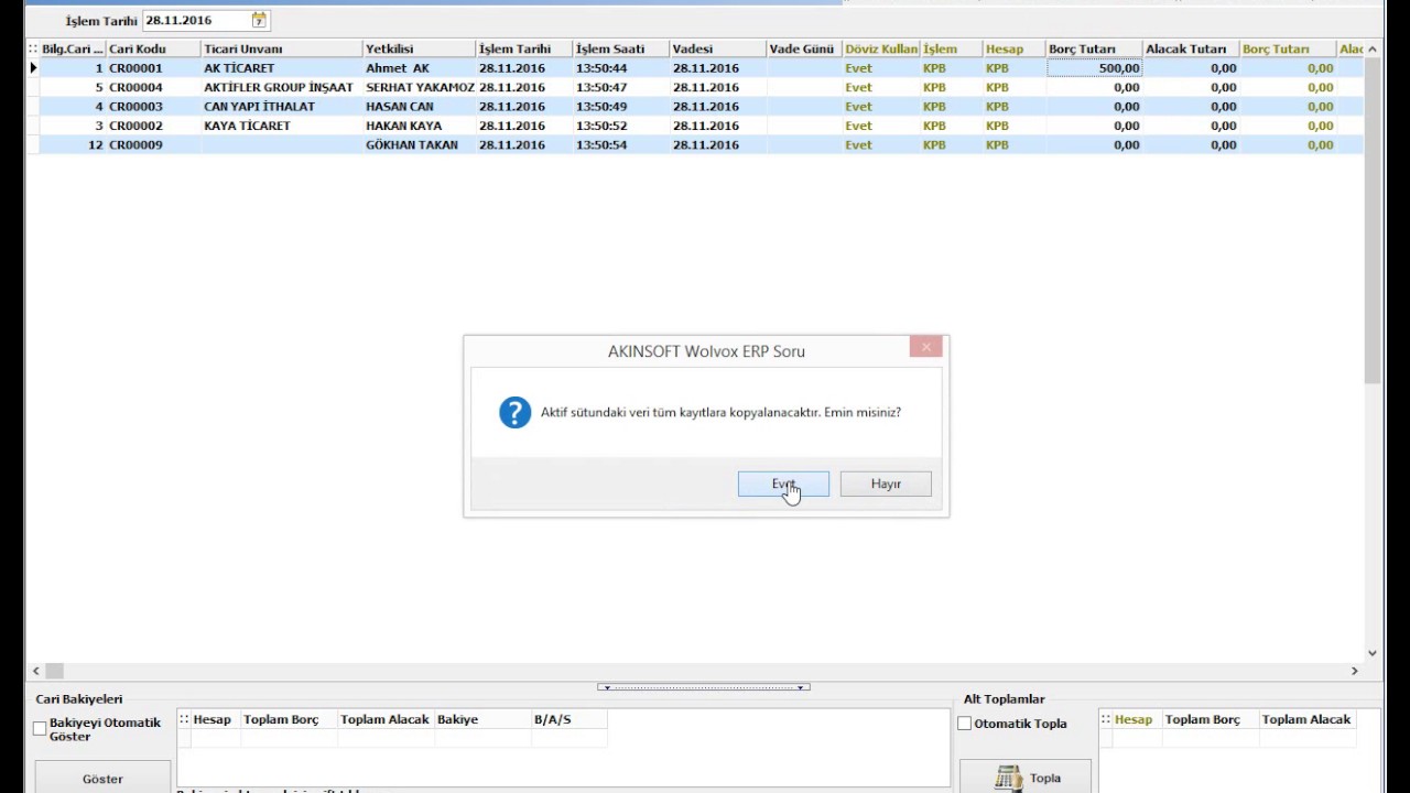 AKINSOFT WOLVOX ERP Finans Yönetimi - Toplu Cari Hareket Giriş İşlemi