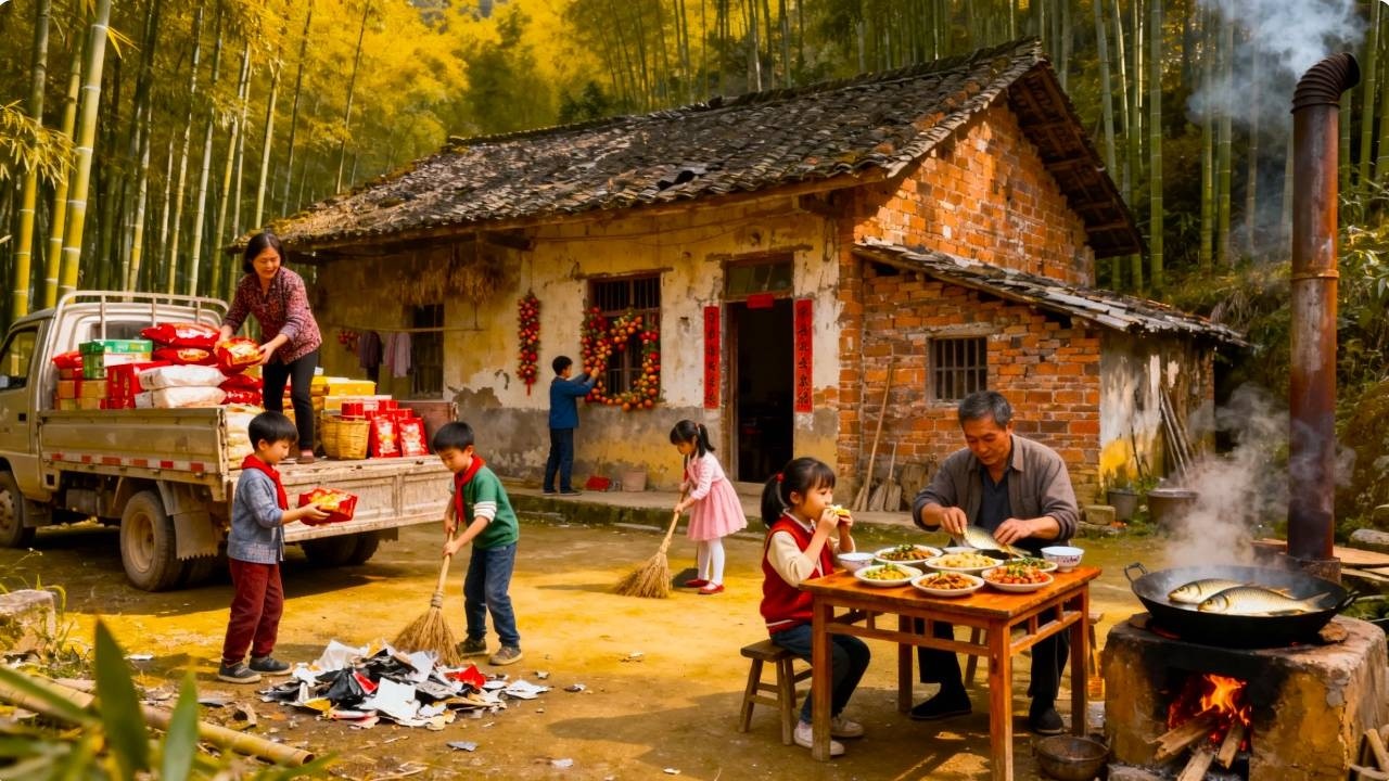 【一家七口隐居深山】妈妈带孩子们到城市买年货，路人都感觉很惊讶！#农村生活#vlog#山居生活