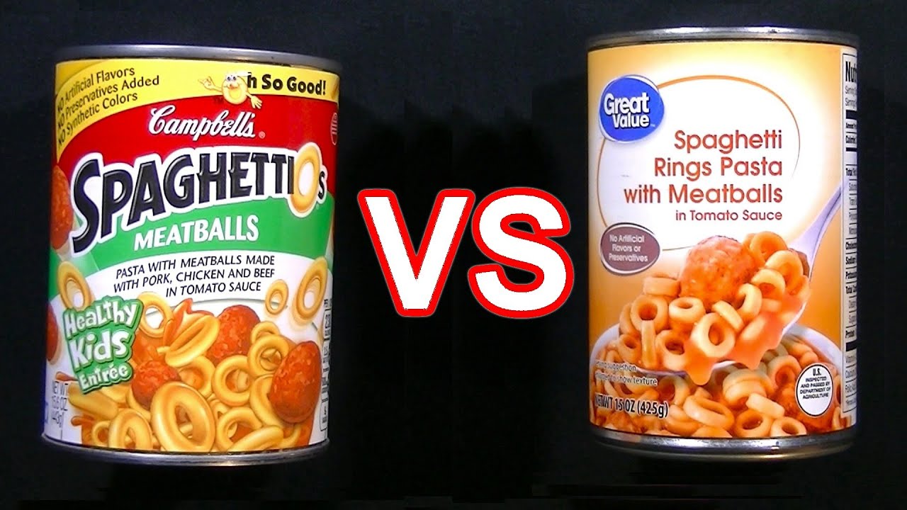 SpaghettiOs VS Walmart Great Value Spaghetti Rings Pasta Both with Meatballs Which is Better Review