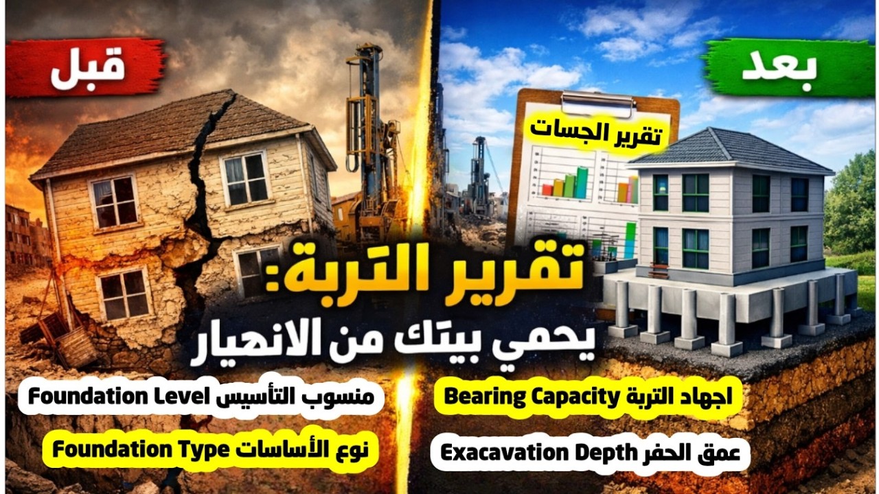 شرح كامل لمحتويات تقرير التربة ( جهد التربة - منسوب التاسيس - عمق الحفر - منسوب المياه الجوفية )