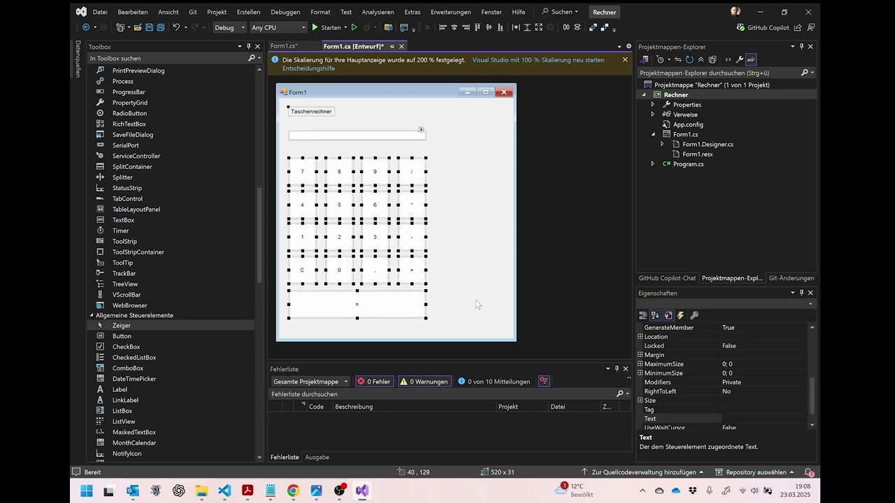 1. Oberfläche eines Taschenrechners (C# Visual Studio)