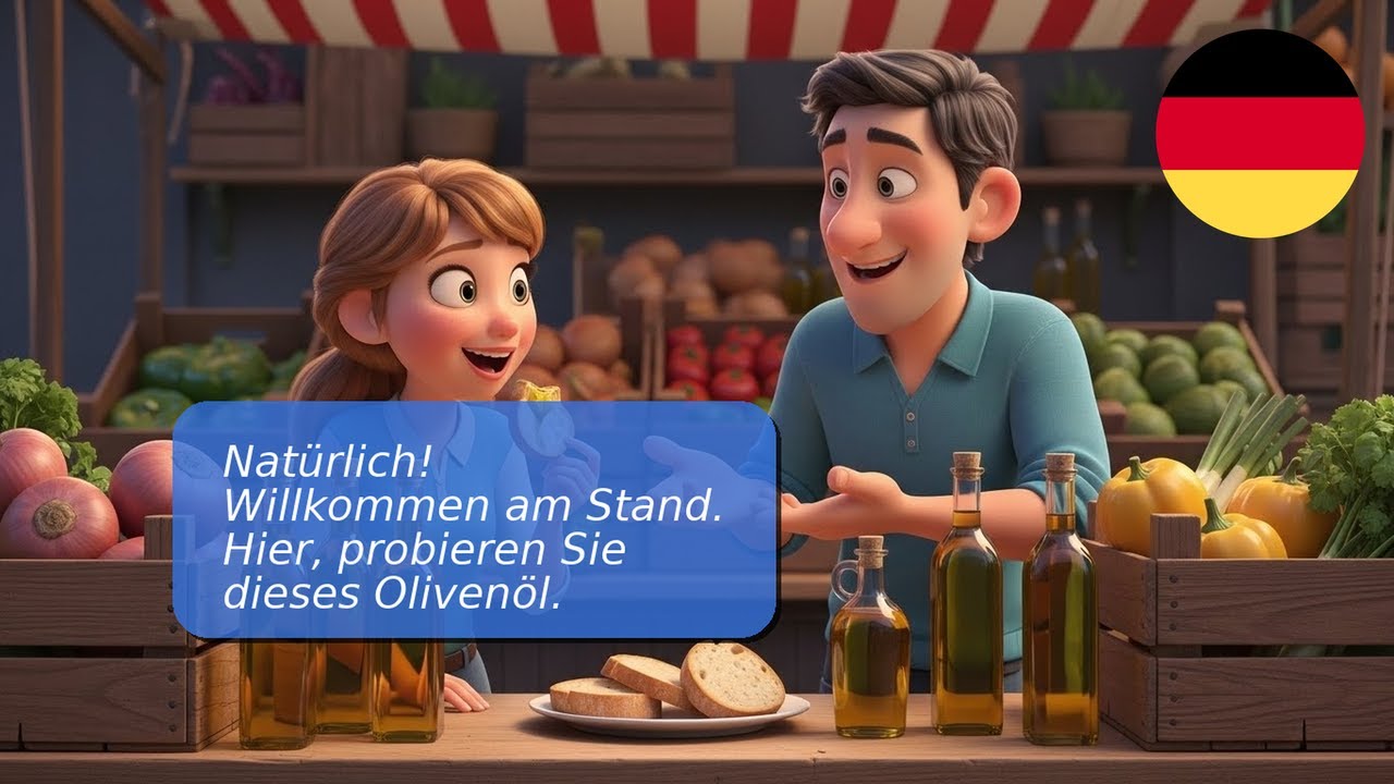 10 einfache A1-A2 Dialoge: Deutsch lernen beim Olivenöl-Tasting auf dem Markt