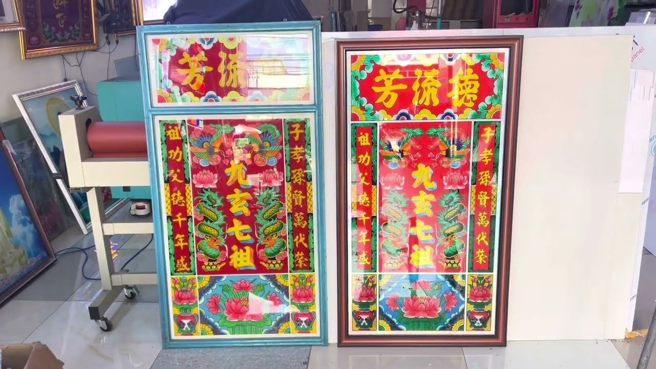 Phục chế tranh thờ Cửu Huyền thất tổ cũ cổ xưa làm mới bằng kính cường lực siêu đẹp bền