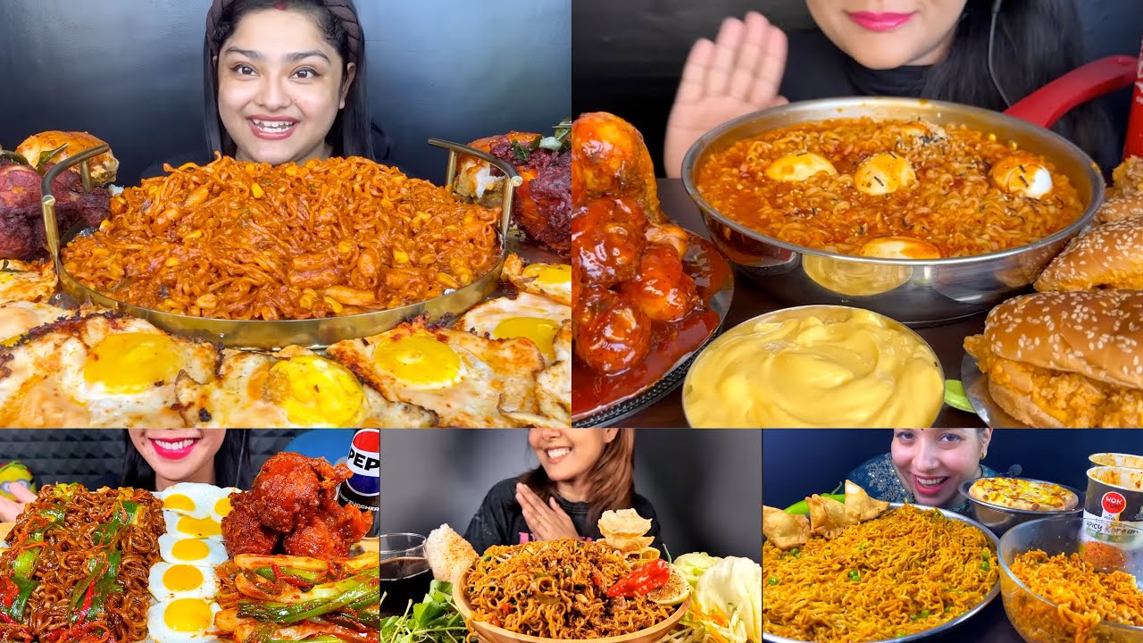 Asmr:Eating Spicy Korean Noodles,Red Grill Chicken,Sunny Side Up Eggs,Burger,Kimchi🔥