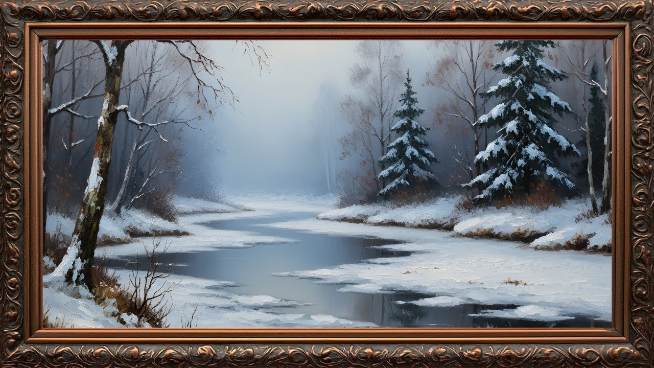 Winter Forest River in Antique Frame ❄️ Calm Snowy Landscape | TV Art Screensaver