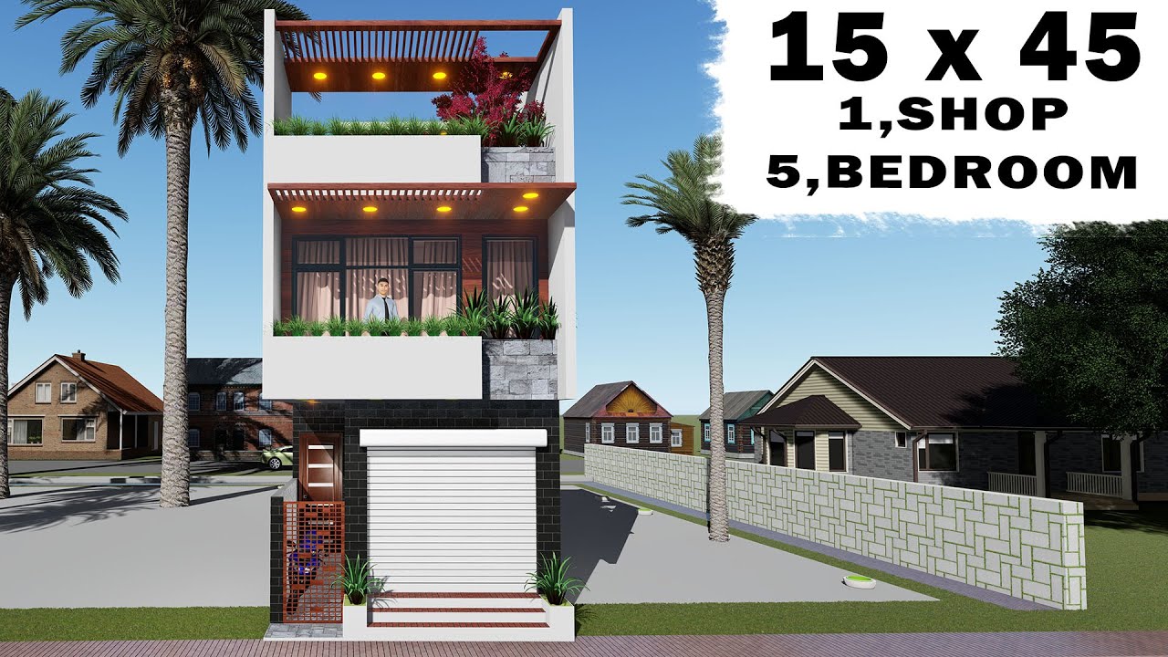 दुकान और मकान का सुन्दर सा डिज़ाइन,3D 15 by 45 5 Bedroom house plan , 15*45 shop plan,3D dukan