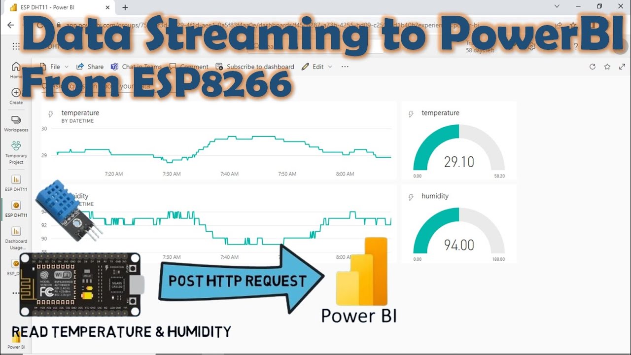 Data Streaming from ESP8266 to Power BI (DHT-11 Temperature & Humidity)
