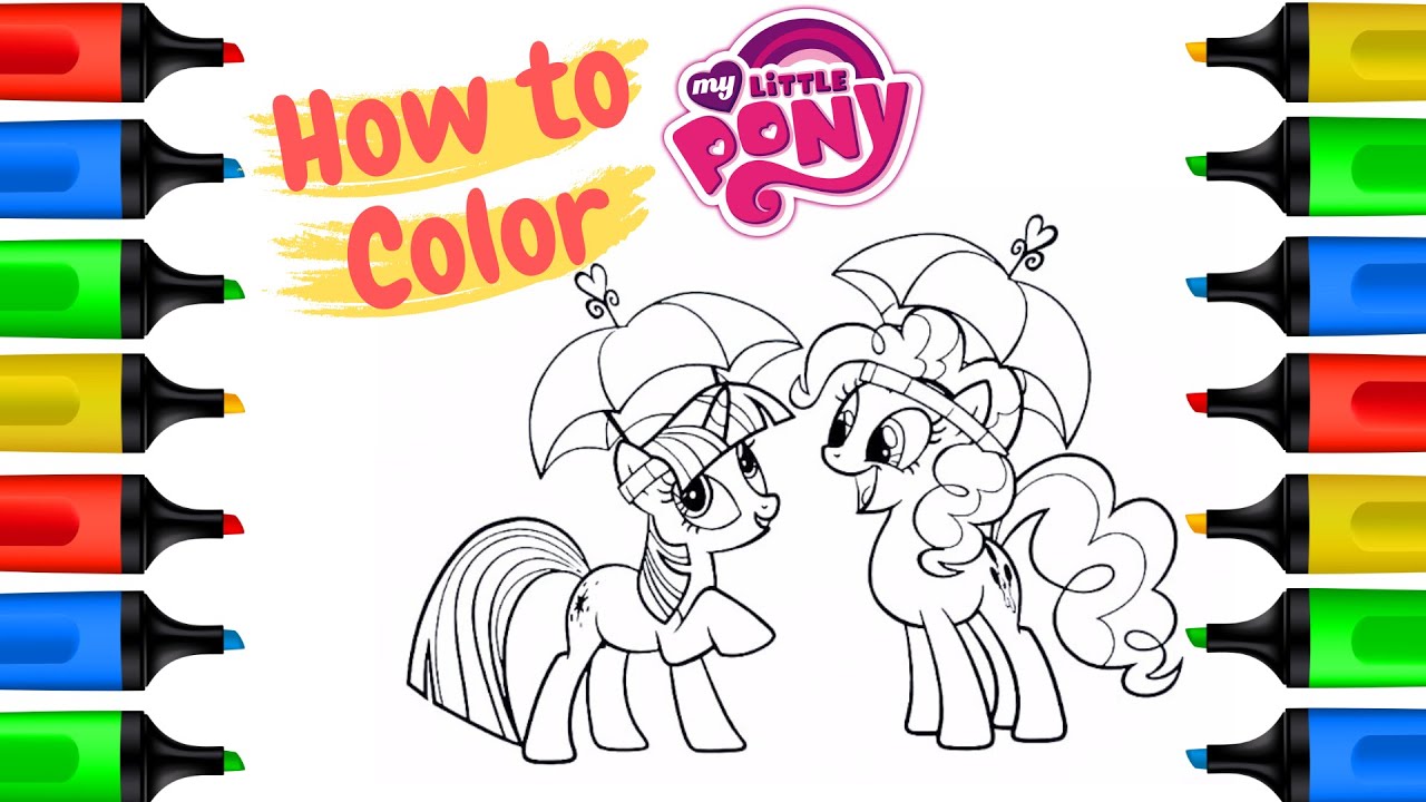 Coloring Pinkie Pie And Twilight Sparkle With Umbrella | My Little Pony Coloring Page.