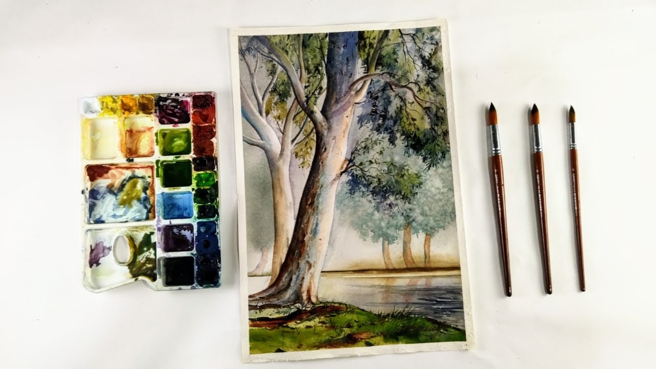 Landscape on foggy eucalyptus tree watercolour painting / watercolor demo art