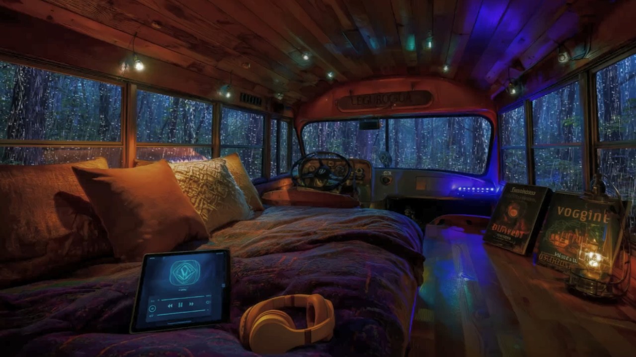 Heavy Rain & Soft Piano for Deep Sleep 🌧️ Cozy Vintage Bus | Insomnia Relief