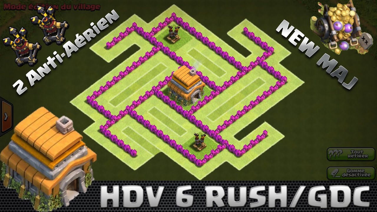 Clash Of Clans, Village HDV 6 RUSH/GDC ! New Maj ! 2016 ! 2 anti-aérien ! Speedbuilding !