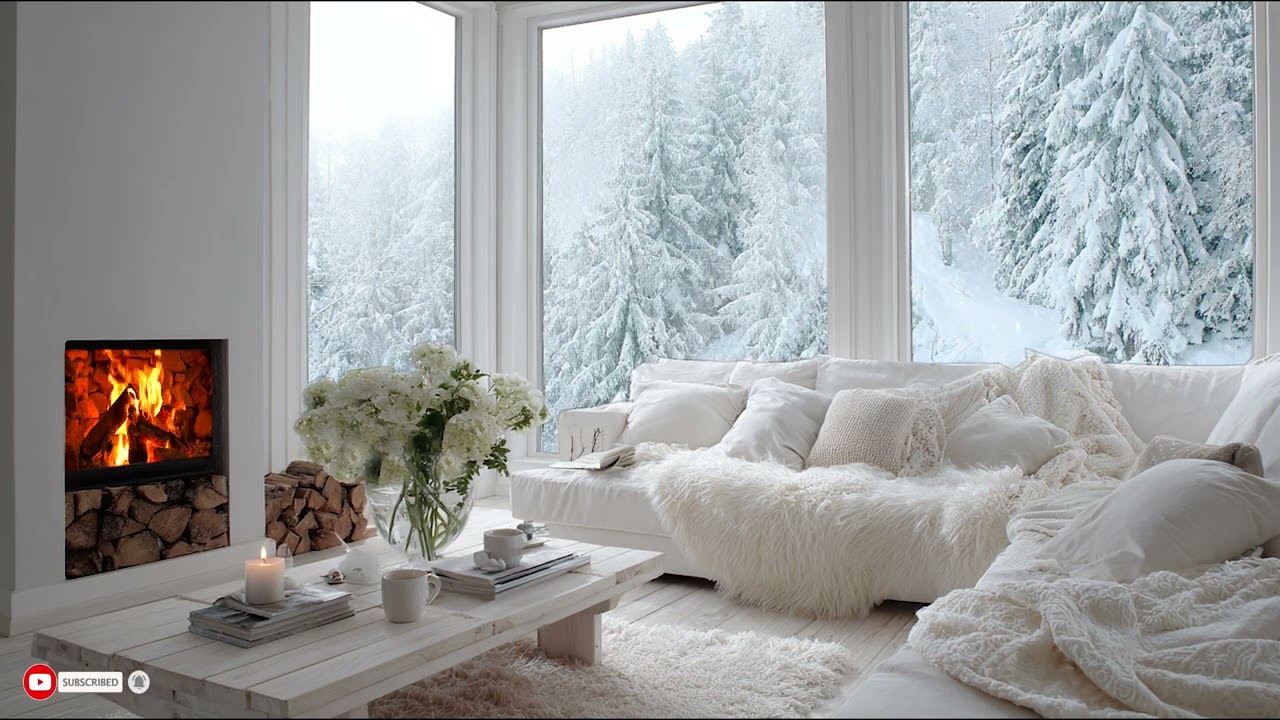 Soft Piano Echoing Through A Cozy Winter Cabin While The Fireplace Glows Warmly