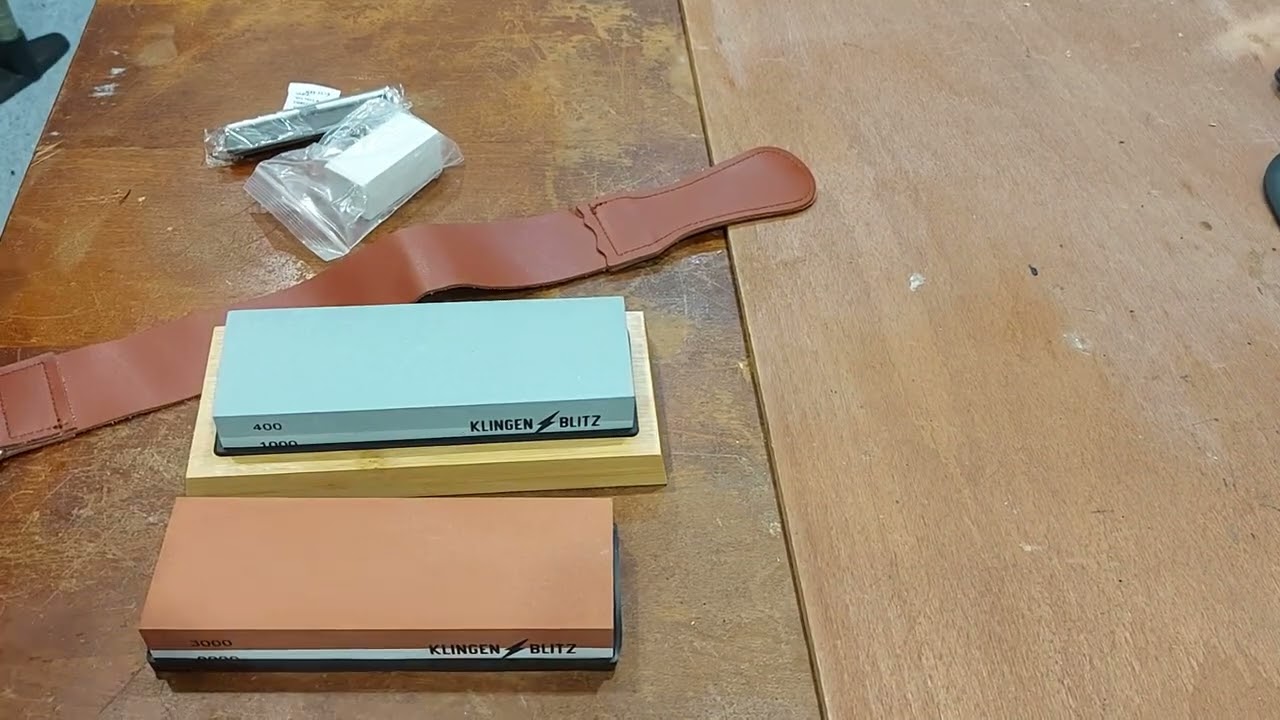 Schleifstein Set, mit KLINGEN BLITZ Abziehstein Set Messer sch&auml;rfen, Sch&auml;rfsteine gut, Abziehleder s