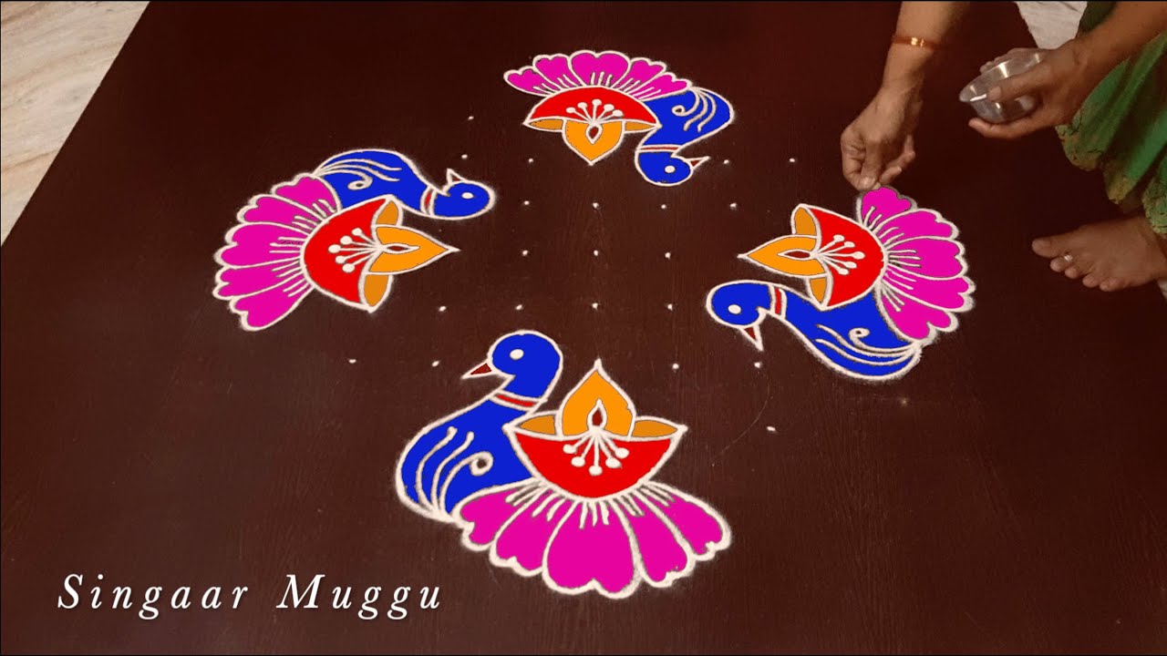 Peacock Rangoli with 11X1 dots | Diya rangoli | Mayil kolam | how to create peacock rangoli