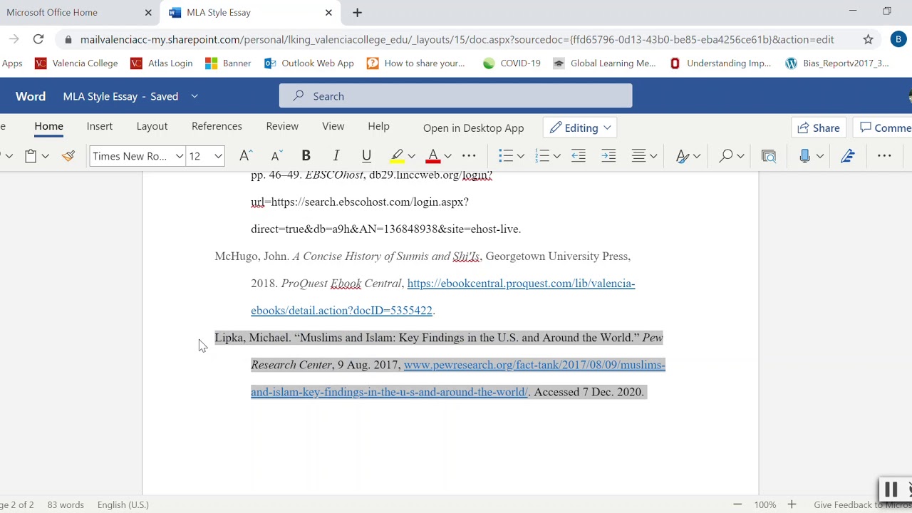Creating an MLA Works Cited Page in Office 365
