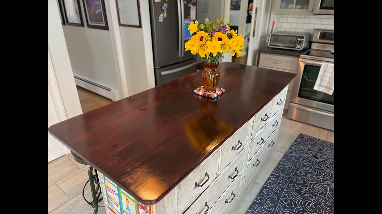 Refinishing an old pine countertop with a water-based stain and poly