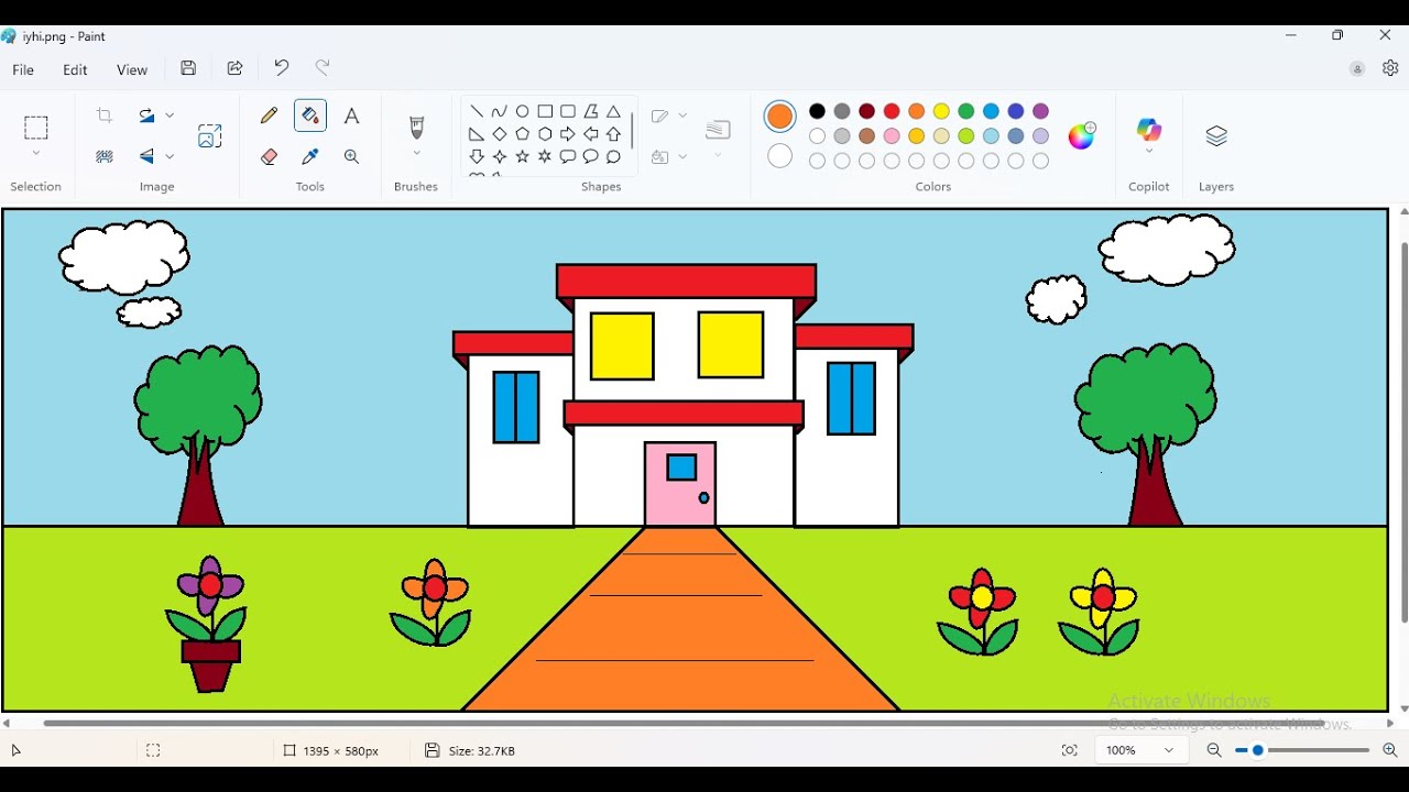 Easy House Drawing in MS Paint | Colorful Garden House for Kids | Step by Step Tutorial