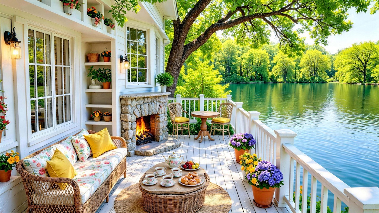 Cozy Lakeside Porch in Spring Ambience 🌺 Relaxing Music & Crackling Fireplace for Relaxation