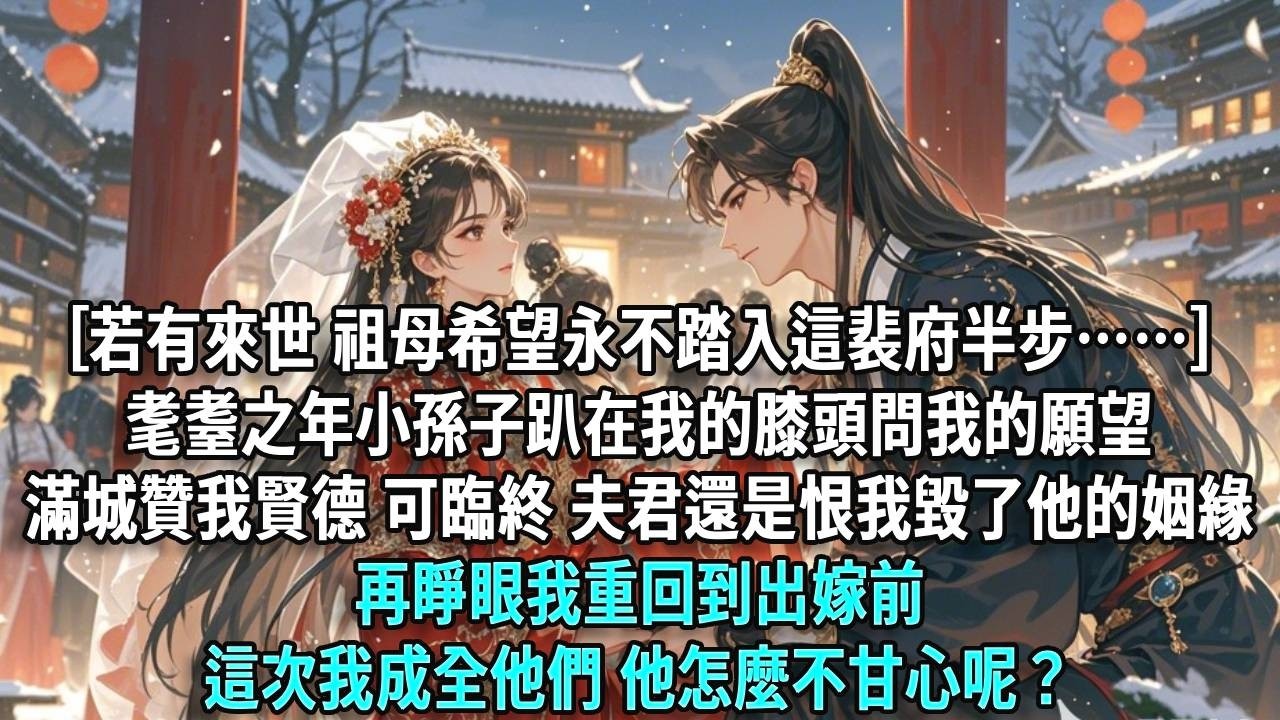 「若有來世，祖母希望永不踏入這裴府半步……」耄耋之年，小孫子趴在我的膝頭問我的願望，滿城讚我賢德，可臨終之際，我的夫君還是恨我毀了他的姻緣。再睜眼，我重回到出嫁前，這次我成全他們，他怎麼不甘心呢？