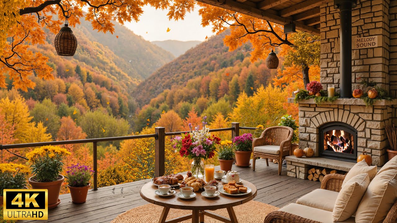 Autumn Mountain Balcony - Relaxing Piano Music with Fireplace Sounds for Reading & Calm Moments