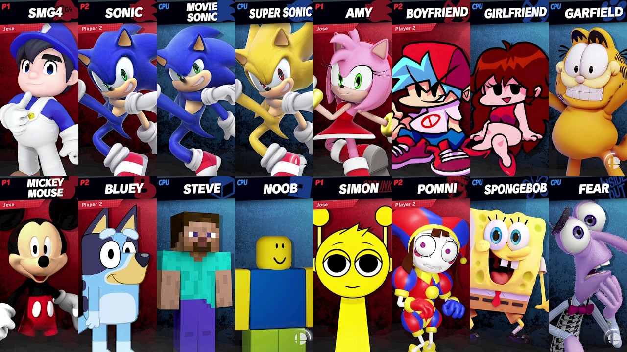Sonic vs Bluey vs SpongeBob vs Mickey vs Steve vs Roblox vs Minecraft | Super Smash Bros Ultimate